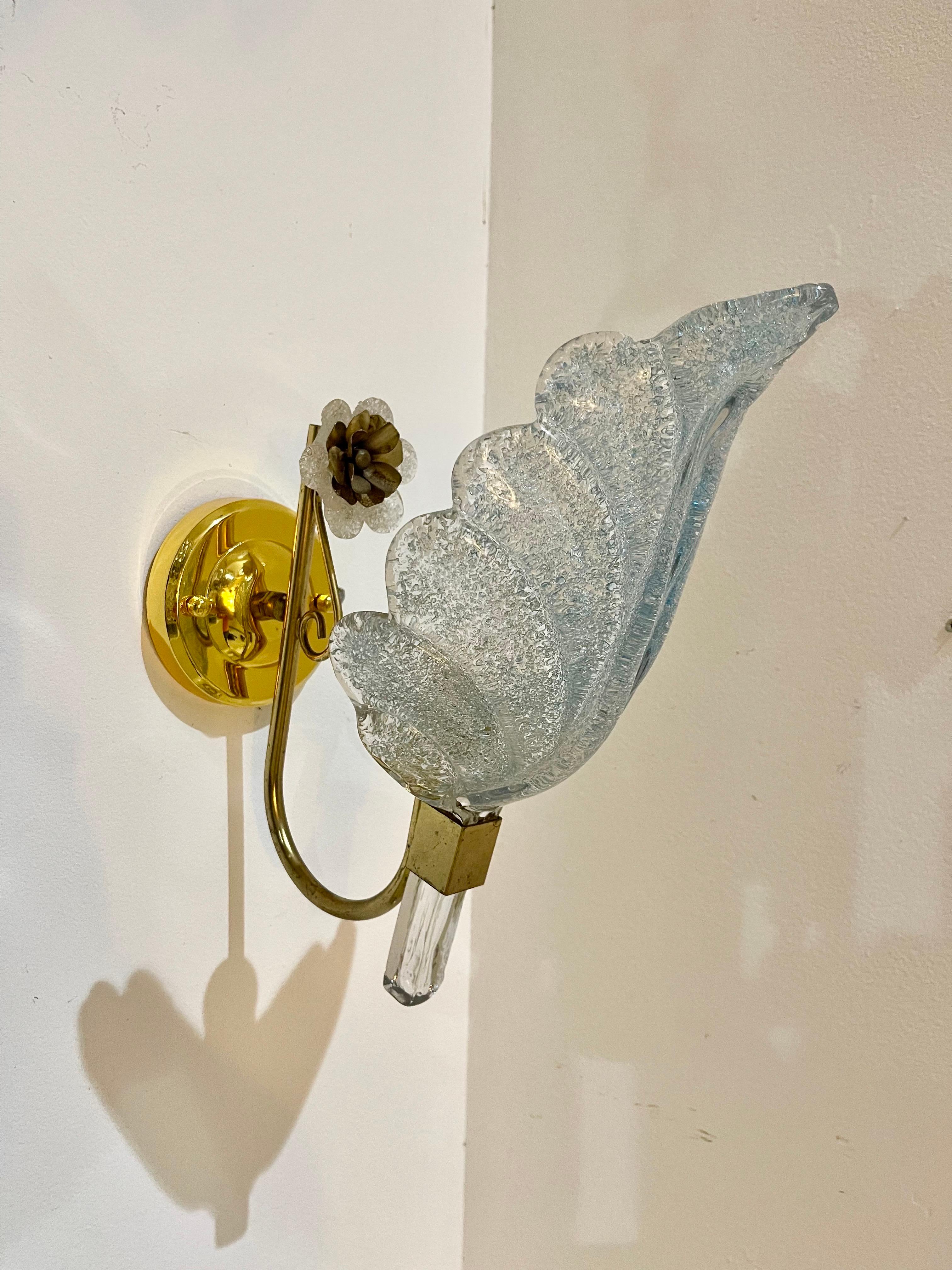 Ottone Barovier&Toso Illuminazione da parete Vetro azzurro di Murano, Italia 1970 in vendita