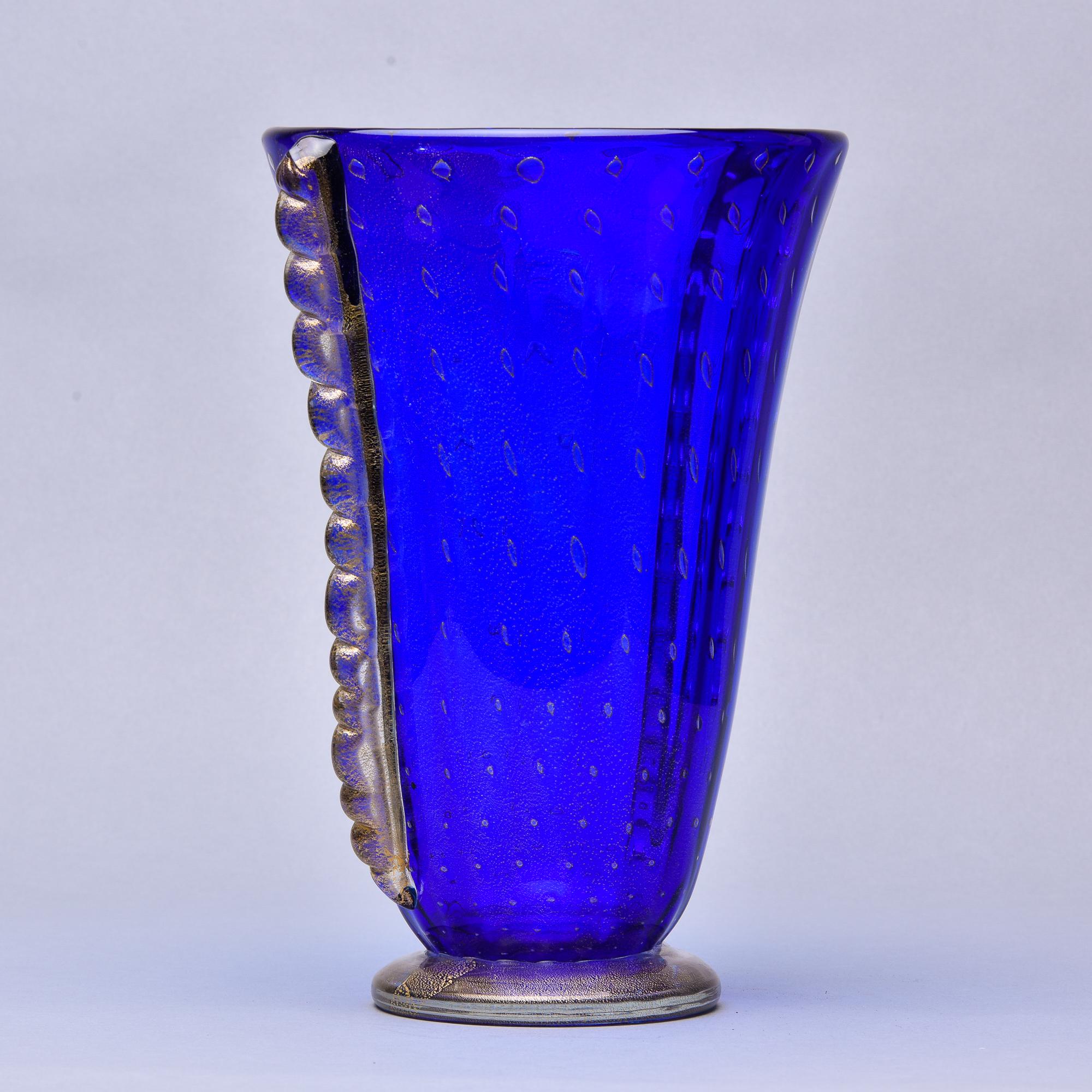 Italian Barovier Vase in Blue Murano Glass with Gold Inclusions and Clear Side Fins  For Sale