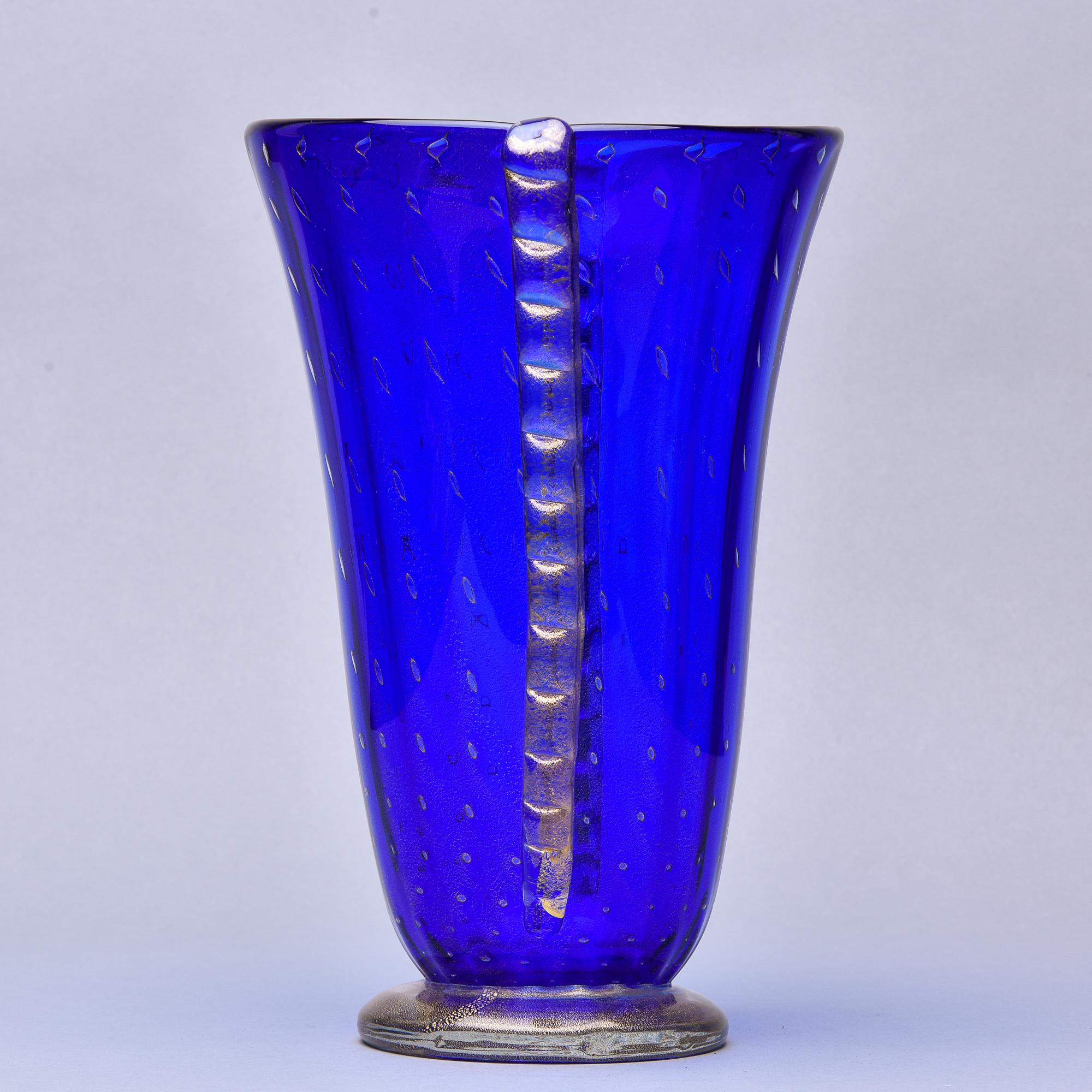 20th Century Barovier Vase in Blue Murano Glass with Gold Inclusions and Clear Side Fins  For Sale