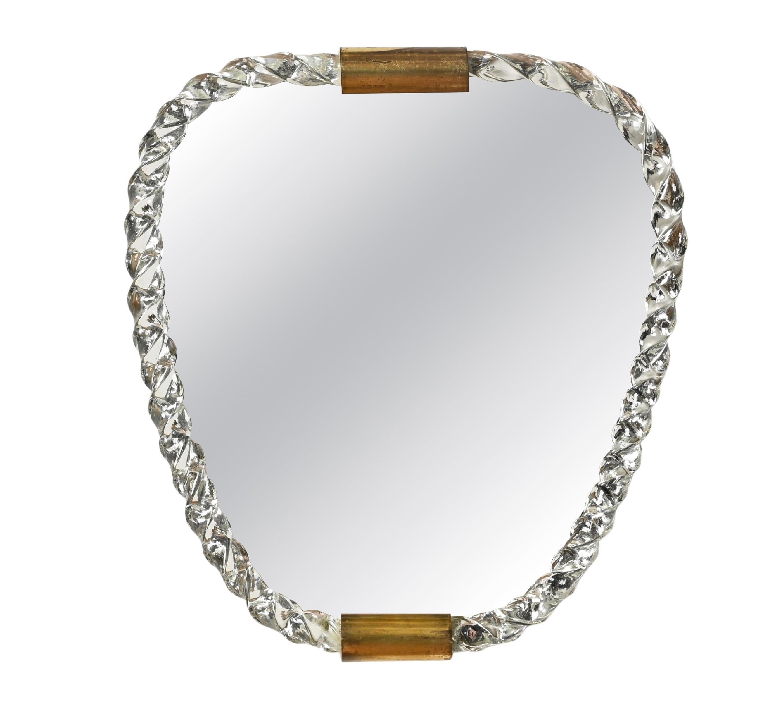 Espejo de pared Barovier de cristal de Murano soplado y latón, Italia, años 40 en venta
