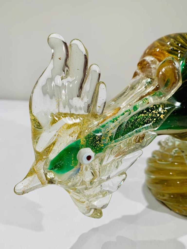 Incredible and large pheasant in Murano glass multicolor with air bubbles and gold attributed to Barovier &Toso, perfect. Unique piece.
