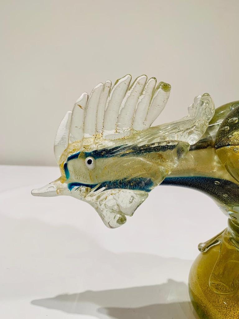 Mid-Century Modern Barovier&Toso Murano Glass blue and pink with gold and air bubbles pheasant 1950 For Sale