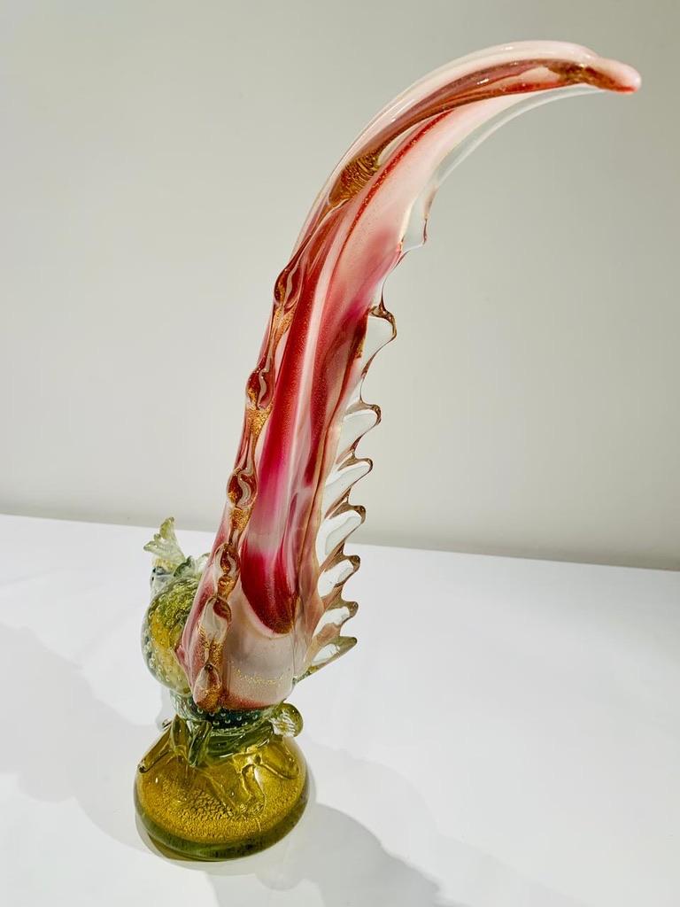 Italian Barovier&Toso Murano Glass blue and pink with gold and air bubbles pheasant 1950 For Sale