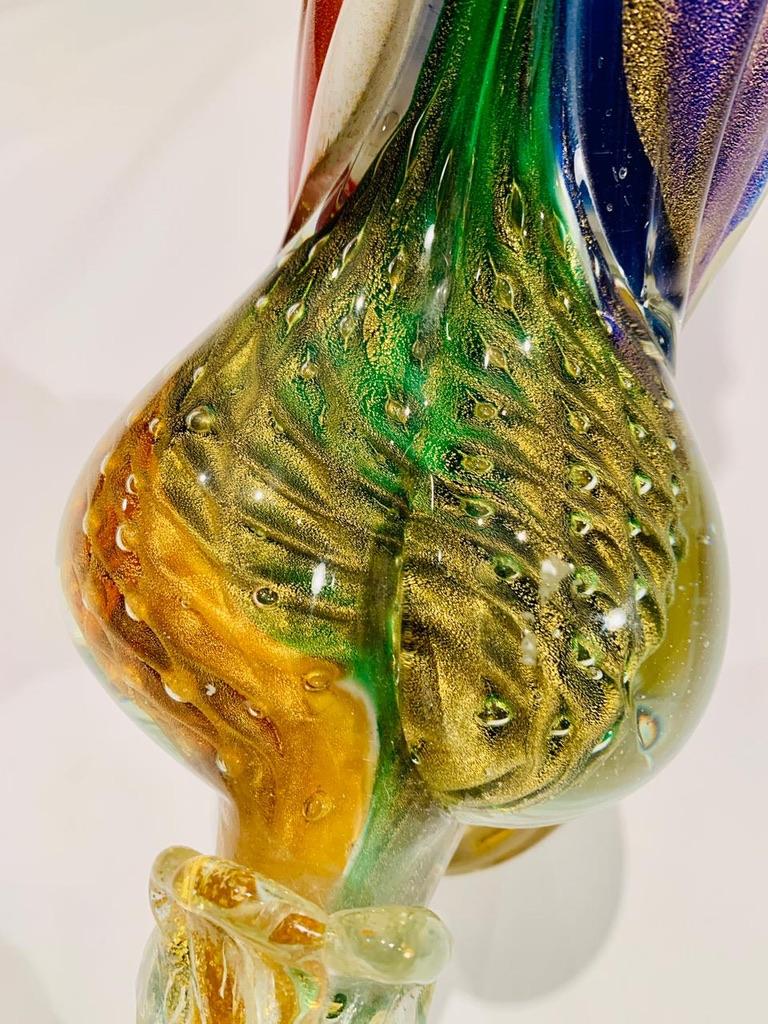 Barovier&Toso Murano Glass blue and pink with gold and air bubbles pheasant 1950 In Good Condition For Sale In Rio De Janeiro, RJ