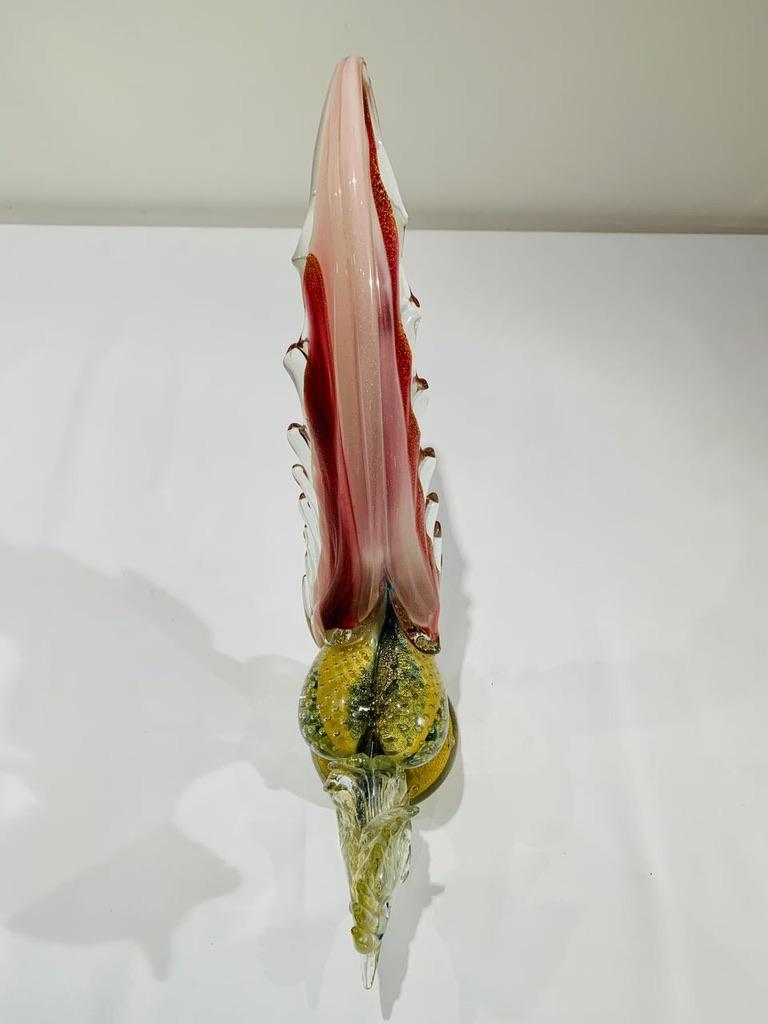 Mid-20th Century Barovier&Toso Murano Glass blue and pink with gold and air bubbles pheasant 1950 For Sale