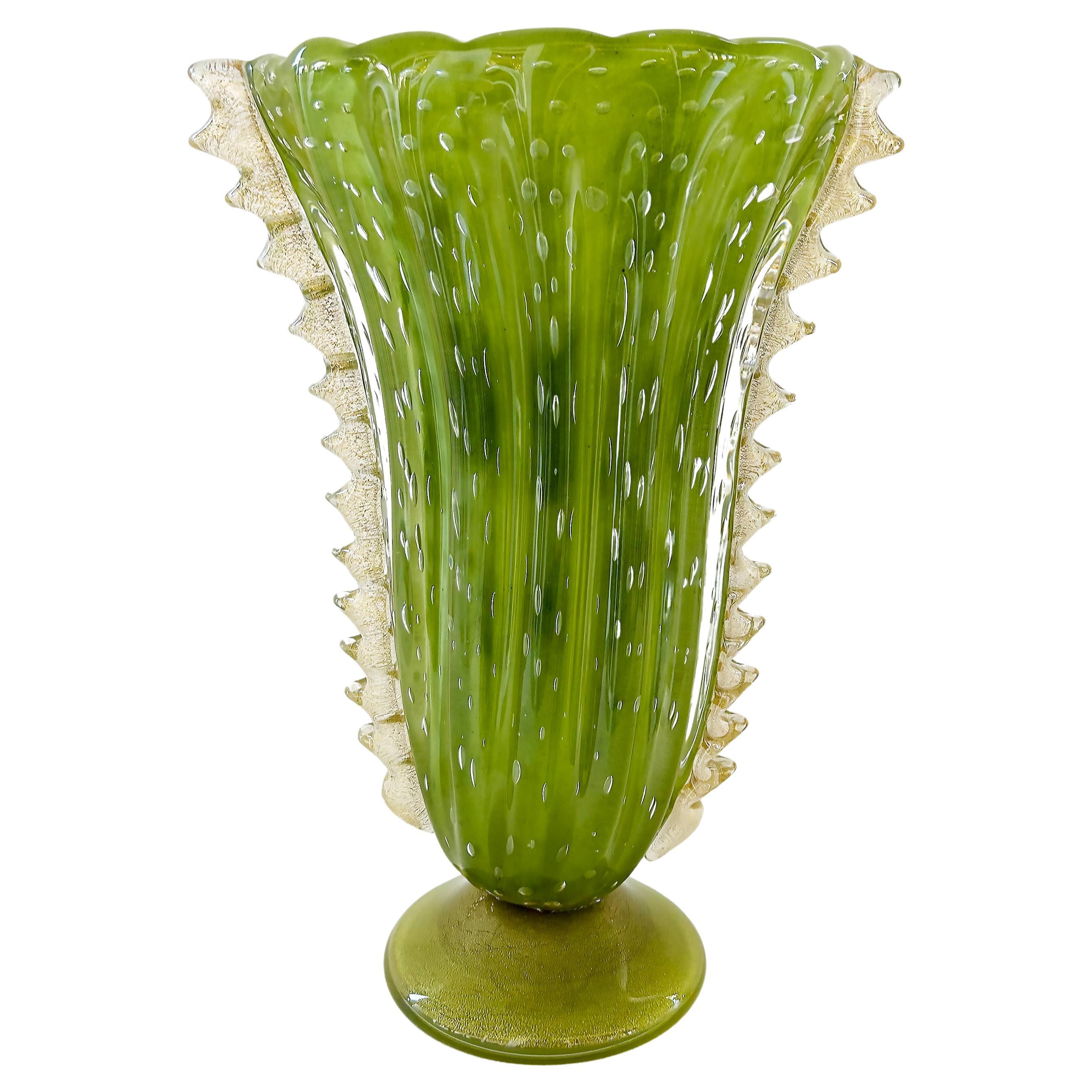 Barovier&Toso Murano Glass Bullicante Green Vase, Gold Infused Fins, Italy 