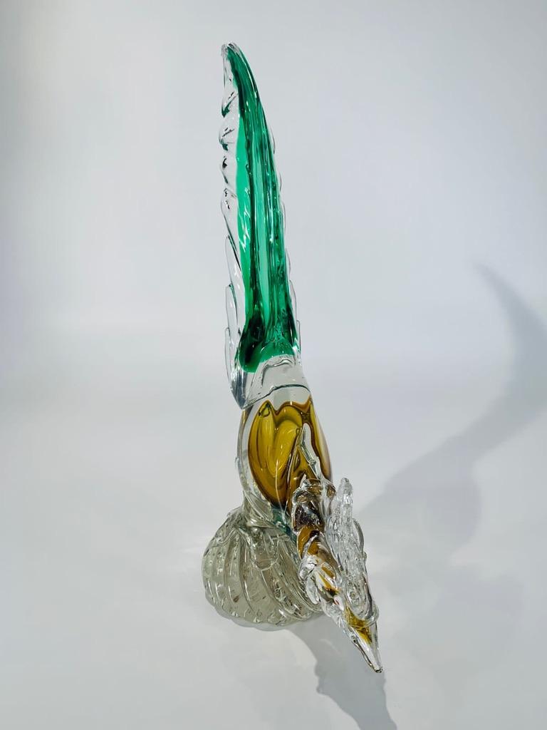 Appliqué Barovier&Toso Murano glass green and yellow circa 1950 pheasant  For Sale