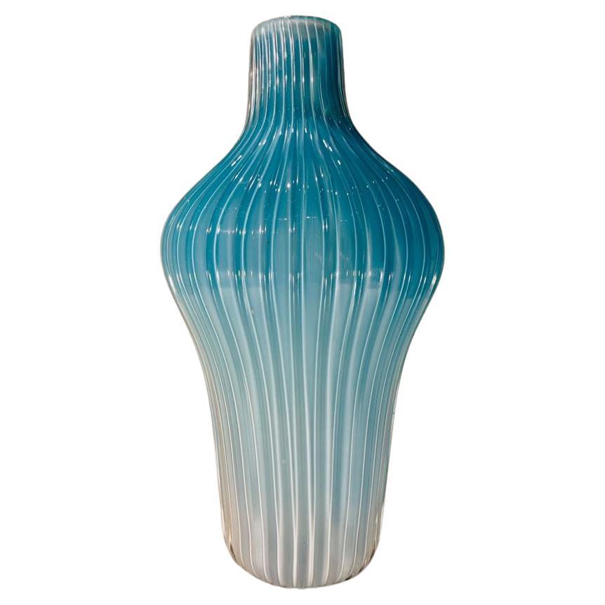Barovier&Toso Murano Glass large blue "costolato" vase circa 1950 For Sale