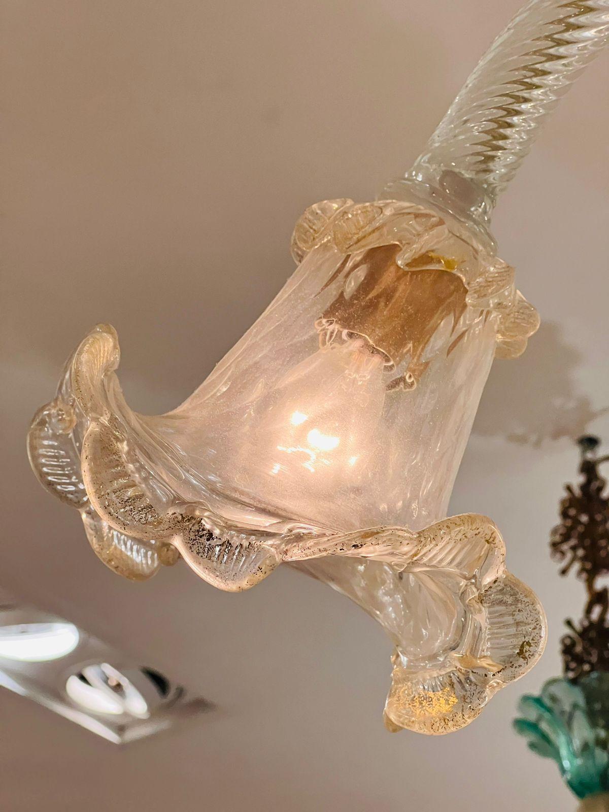 Mid-Century Modern Barovier&Toso Murano glass Pair (2) chandeliers with gold and flowers circa 1950 For Sale