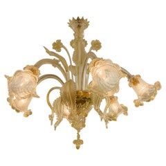 Barovier&Toso Murano glass Pair (2) chandeliers with gold and flowers circa 1950