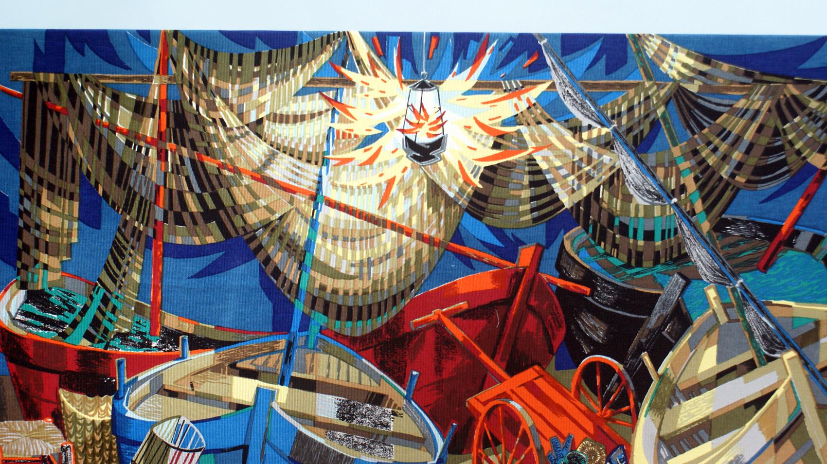 Wall hanging tapestry signed by Robert Debieve, France 1970s with vivid colors.
Entitled “Barques et filets” and signed on the lower right.
Edited by Corot Paris.
Depicting a beautiful colorful maritime dock scene.
Printed on canvas.
  