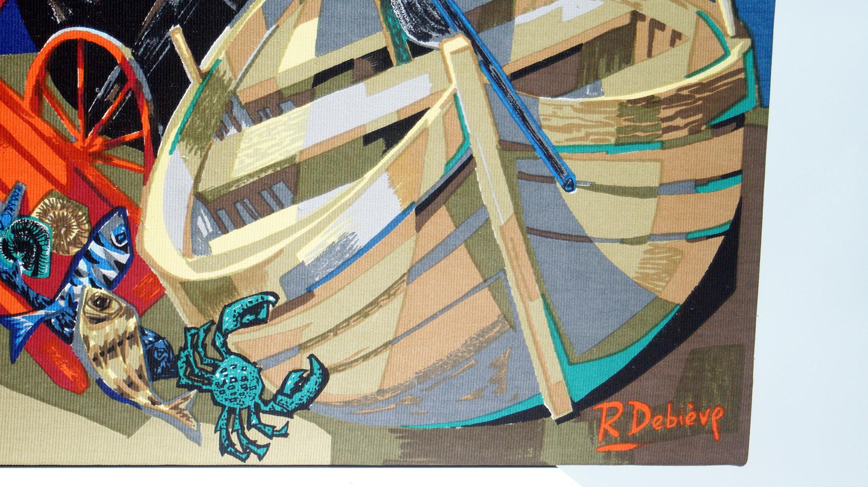 Art Deco “Barques et Filets” Maritime Colorful Tapestry Signed “Robert Debieve”