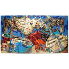 tapisserie maritime colorée "Barques et Filets" signée "Robert Debieve"