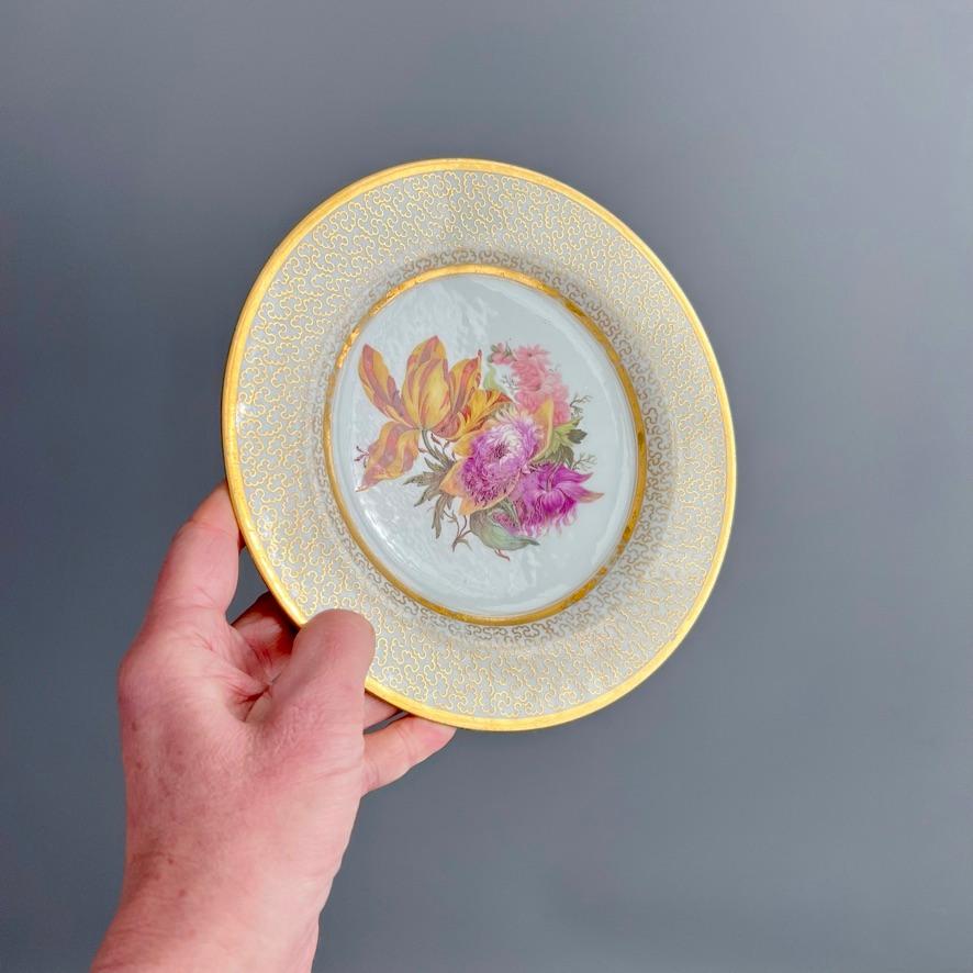 English Barr Flight & Barr Plate, Flowers by W. Billingsley, Gilt Vermiculé, ca 1809 (1)