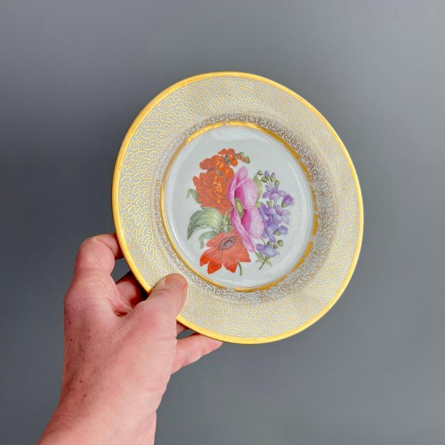 Plato Barr Flight & Barr, Vermiculé dorado, Flores de W. Billingsley, ca 1809 (2) Inglés en venta