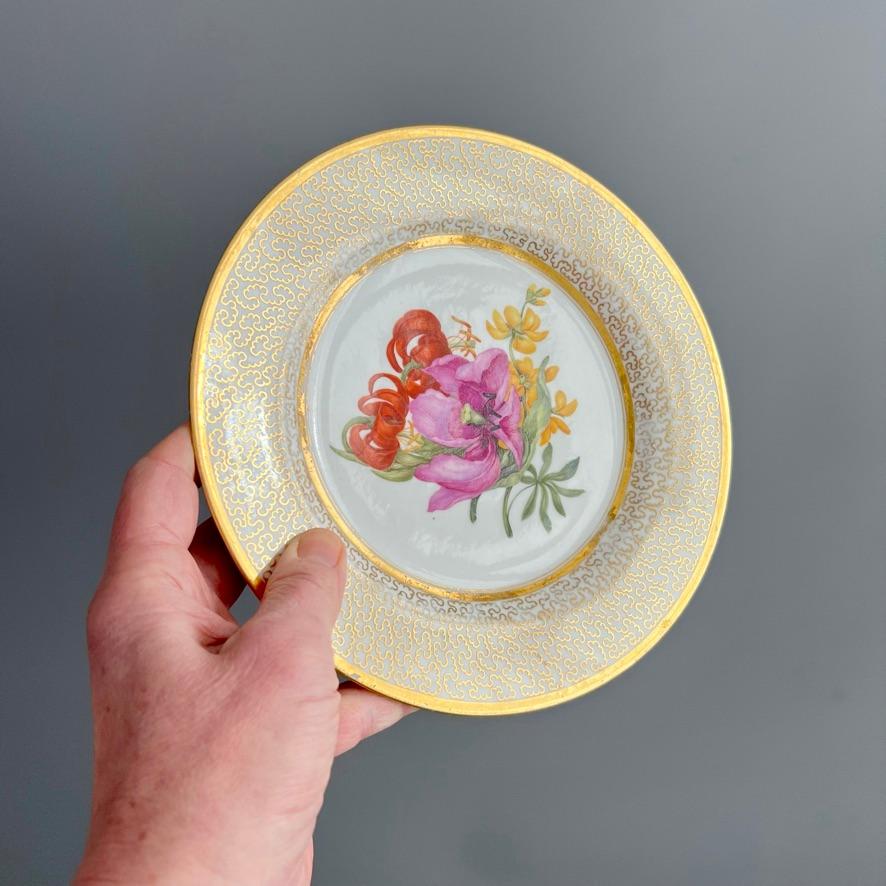 English Barr Flight & Barr Plate, Gilt Vermiculé, Flowers by W. Billingsley, ca 1809 (3)