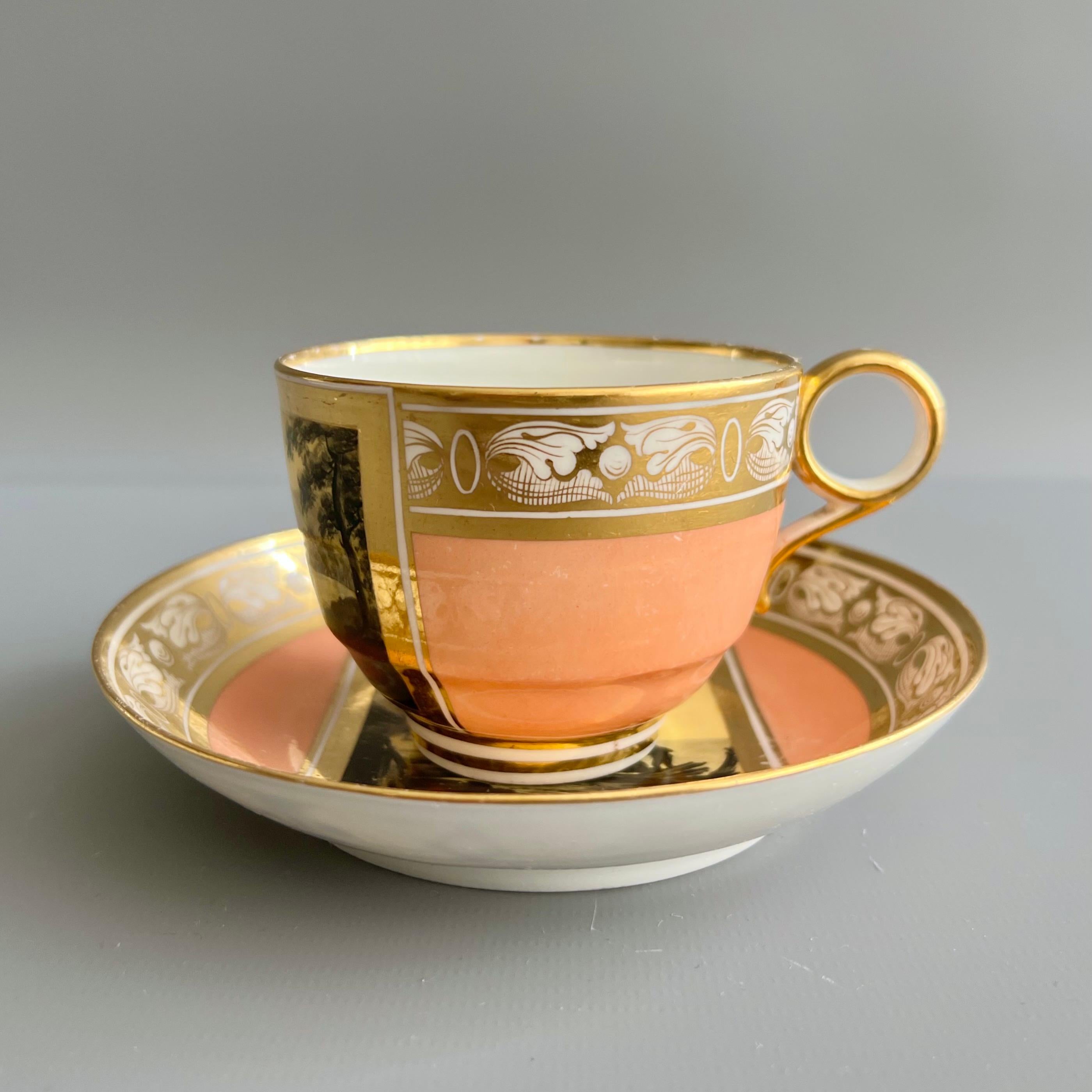 Se ofrece una taza de té y un platillo muy raros, fabricados por Barr Flight & Barr hacia 1810. El conjunto tiene un precioso color de fondo salmón suave, un elegante motivo de cenefa dorada y bellos paneles monocromos de paisaje sepia, todo ello de