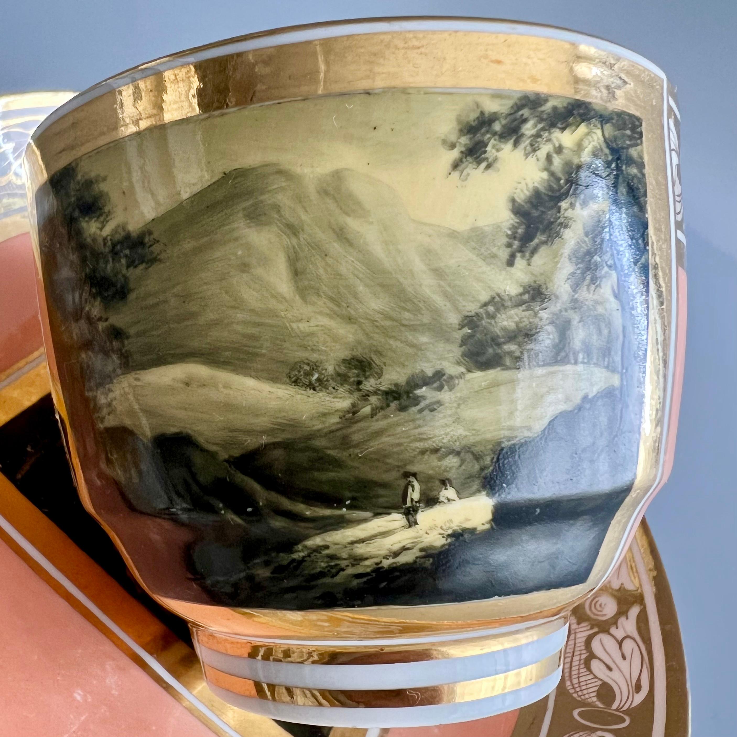 Vuelo de Barr y taza de té de Barr, salmón con paisajes monocromos en sepia, hacia 1810 Pintado a mano en venta