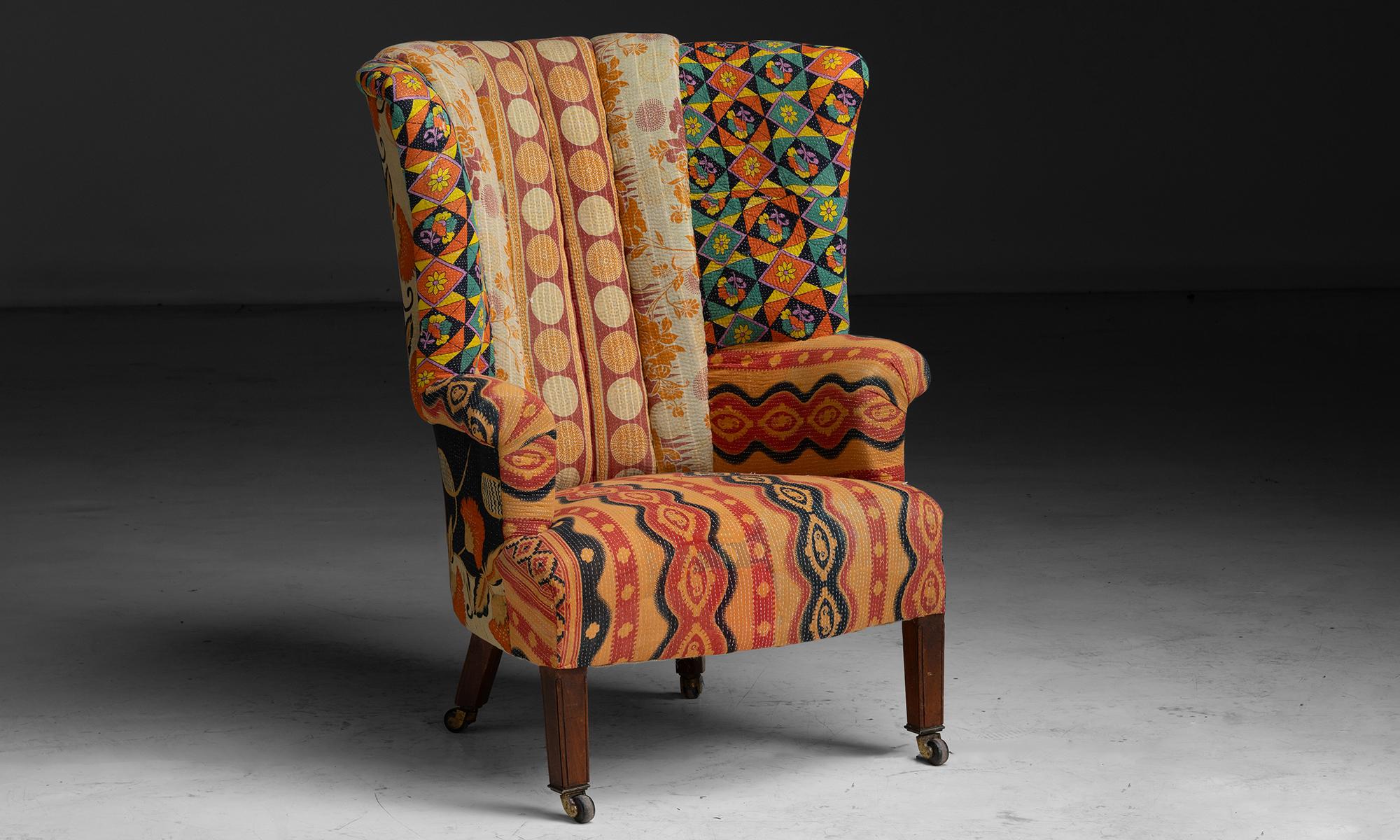 England circa 1920
Antique frame newly upholstered in vintage Indian block print quilts. With mahogany legs and original casters.
31”w x 26”d x 42”h x 17” seat
Ref. CHAIR1273
$ 6,200