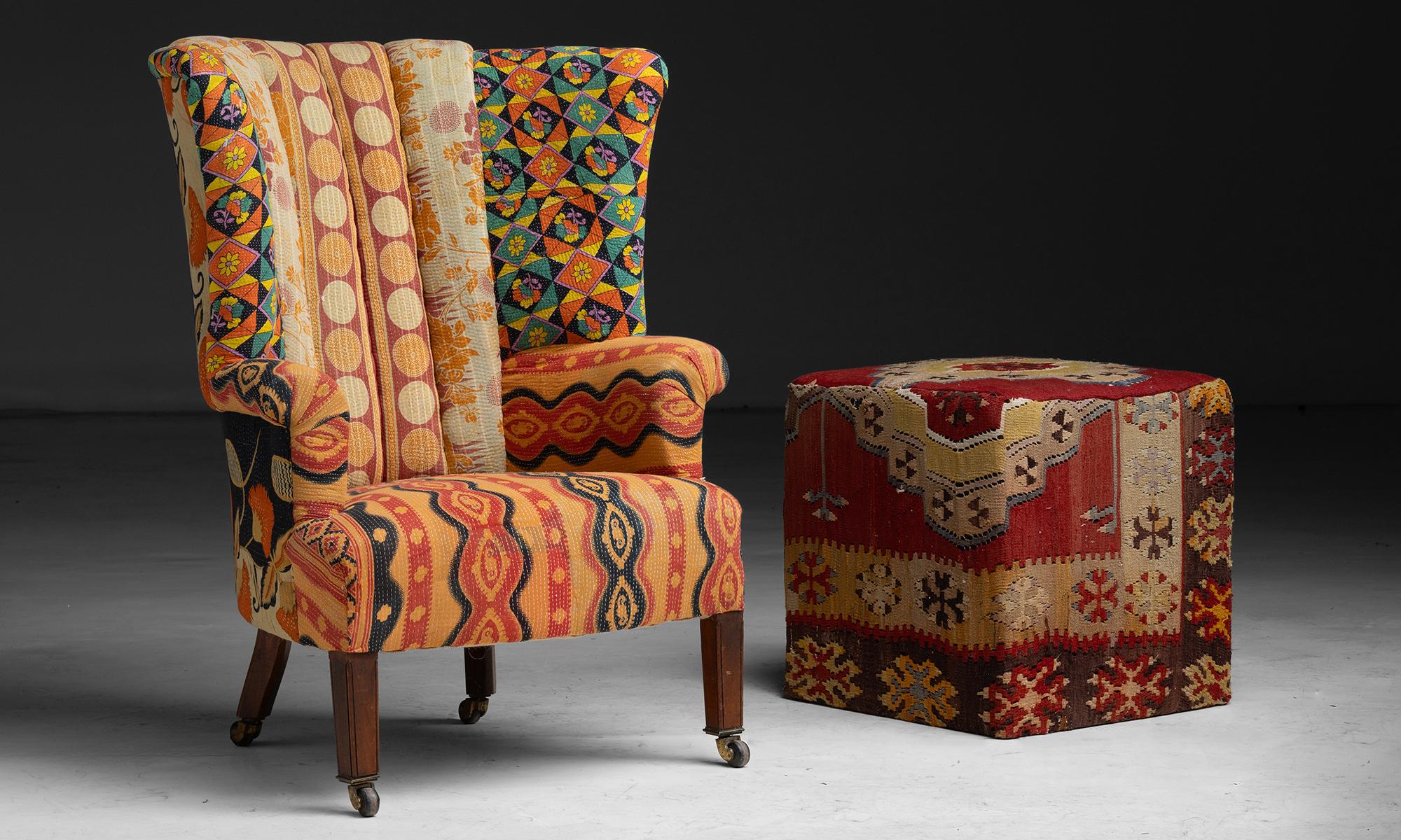 Barrel Back Armchair in Indian Quilts, England circa 1920 In Good Condition For Sale In Culver City, CA
