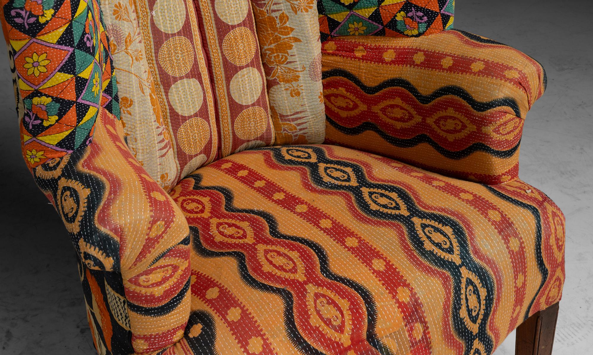 Early 20th Century Barrel Back Armchair in Indian Quilts, England circa 1920 For Sale