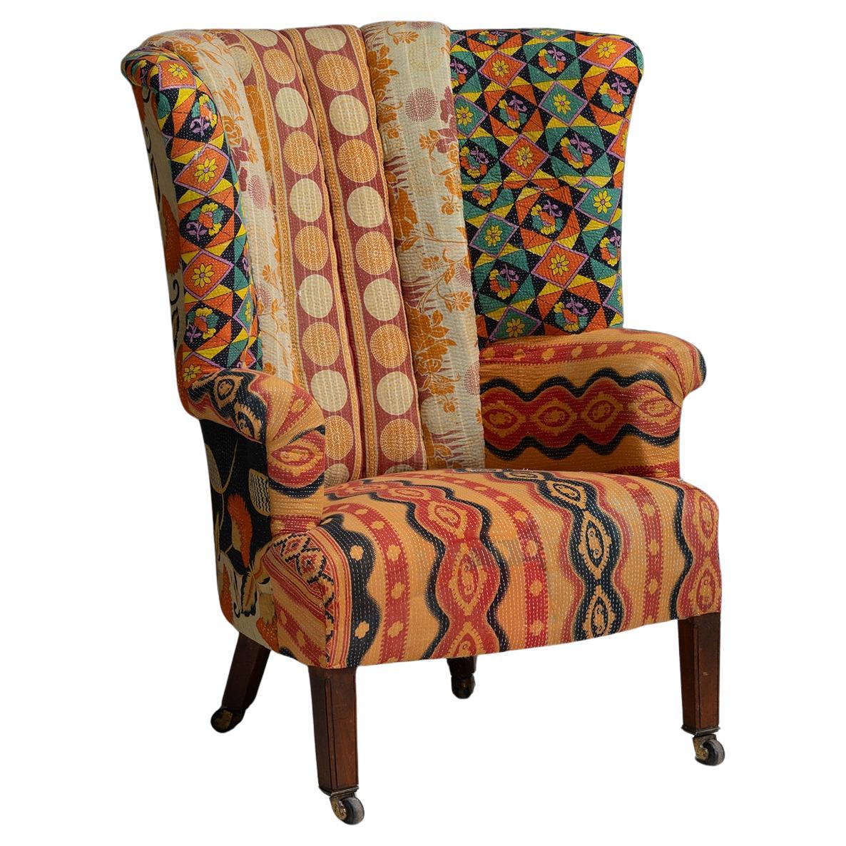 Barrel Back Armchair in Indian Quilts, England circa 1920 For Sale