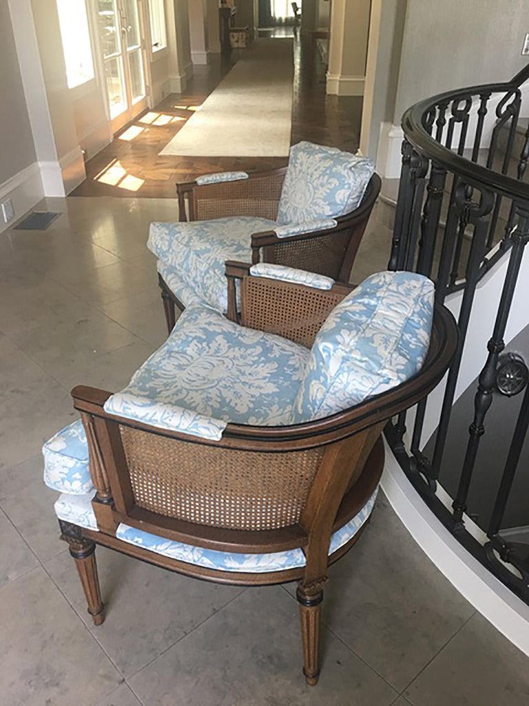 Barrel Back Cane Chairs in Light Floral Blue, a Pair For