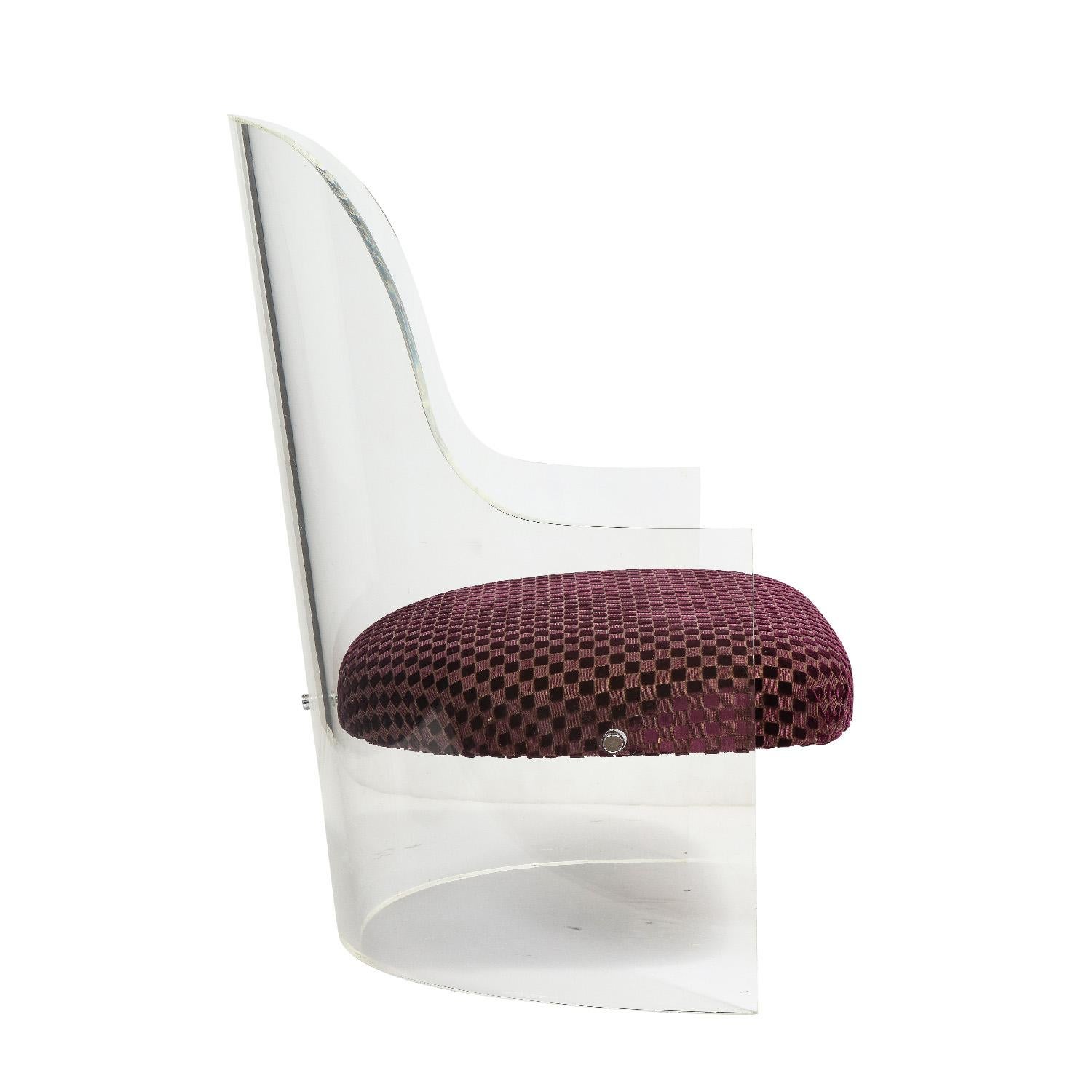 American Barrel Back Lounge Chair in Thick Lucite with Upholstered Seat, 1970s For Sale