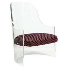 Barrel Back Lounge Chair in Thick Lucite with Upholstered Seat, 1970s