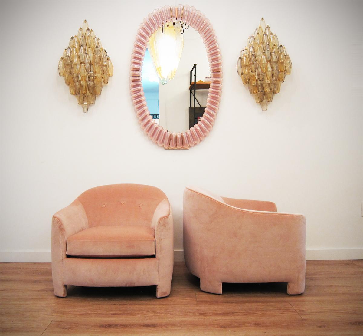 Curvaceous pair of barrel back lounge or bedroom chairs in rose or pink velvet
Stunning design from all angles
Carefully restored and upholstered in high-end soft pink velvet.
Available to view in situ at our showroom in Miami.