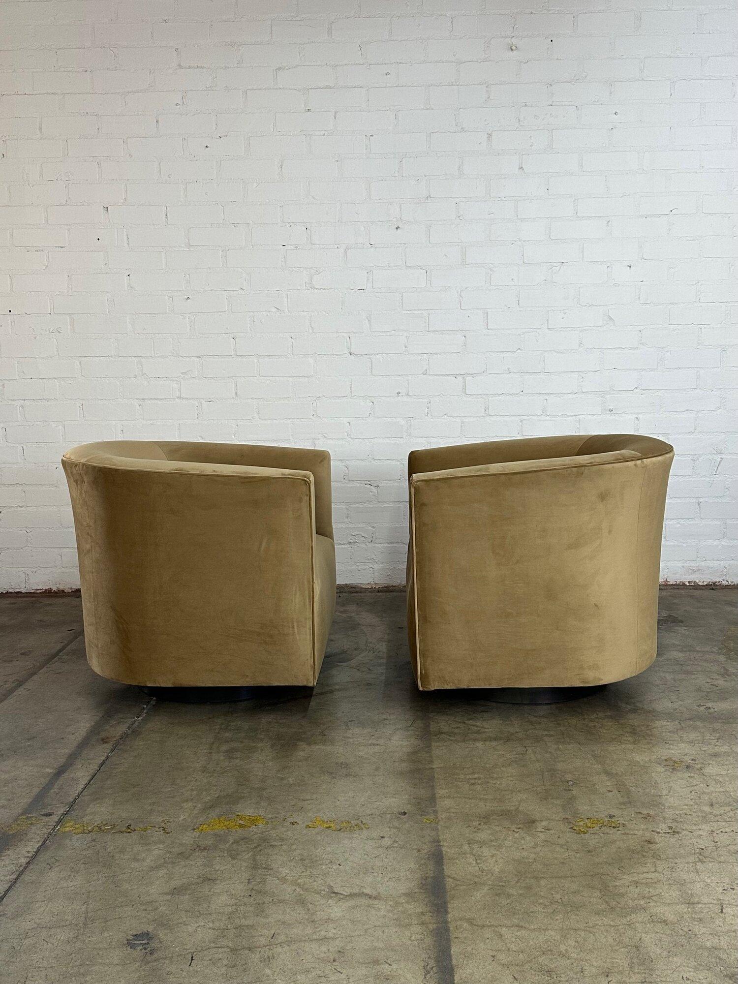 Contemporary Barrel chairs on metal swivel plinths- sold separately For Sale