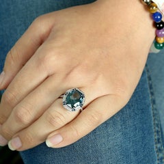 Barrel cut London Blue Topaz Ring Accented With Diamonds Made In 18k White Gold