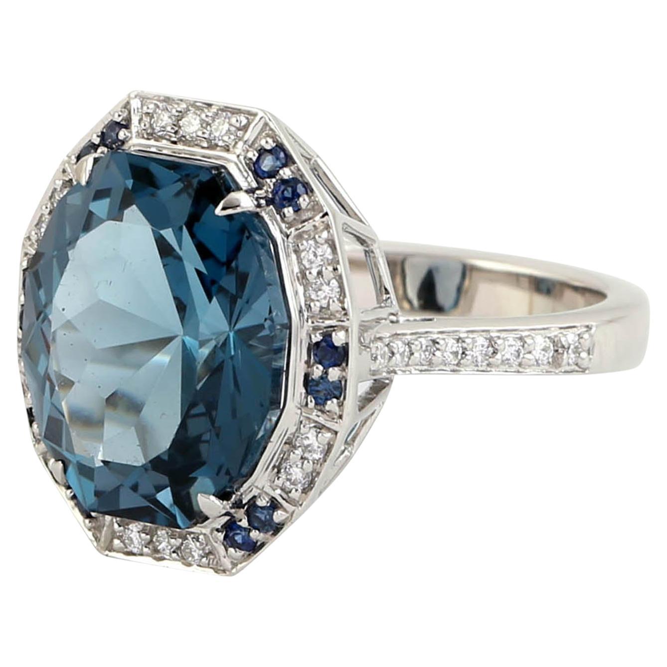 Barrel cut London Blue Topaz Ring Accented With Diamonds Made In 18k White Gold