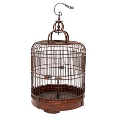 Barrel-Form Chinese Birdcage with Blue Glazed Waterpots, circa 1900