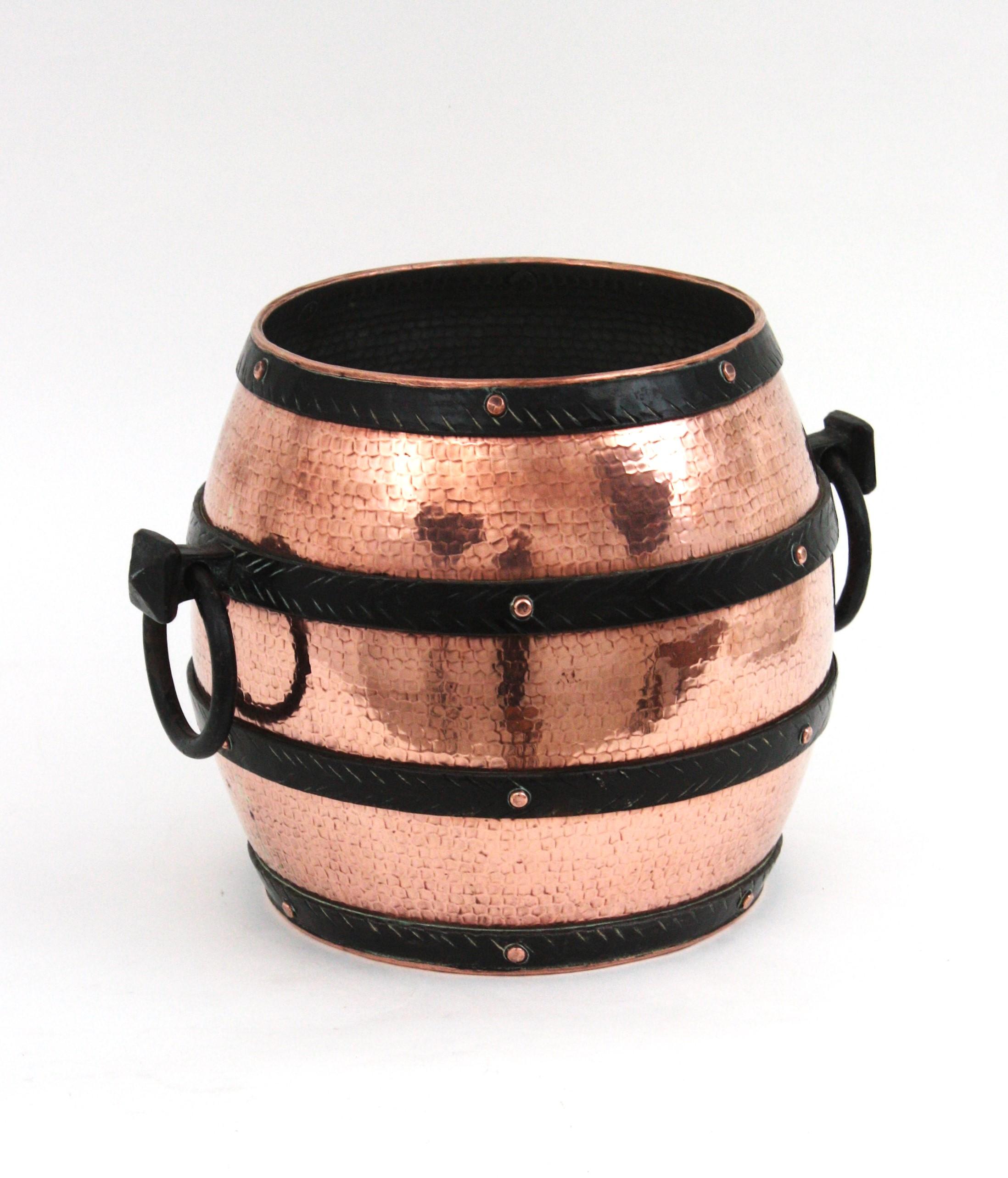 Rustic Barrel Ice Bucket Champagne Wine Cooler in Copper and Iron For Sale