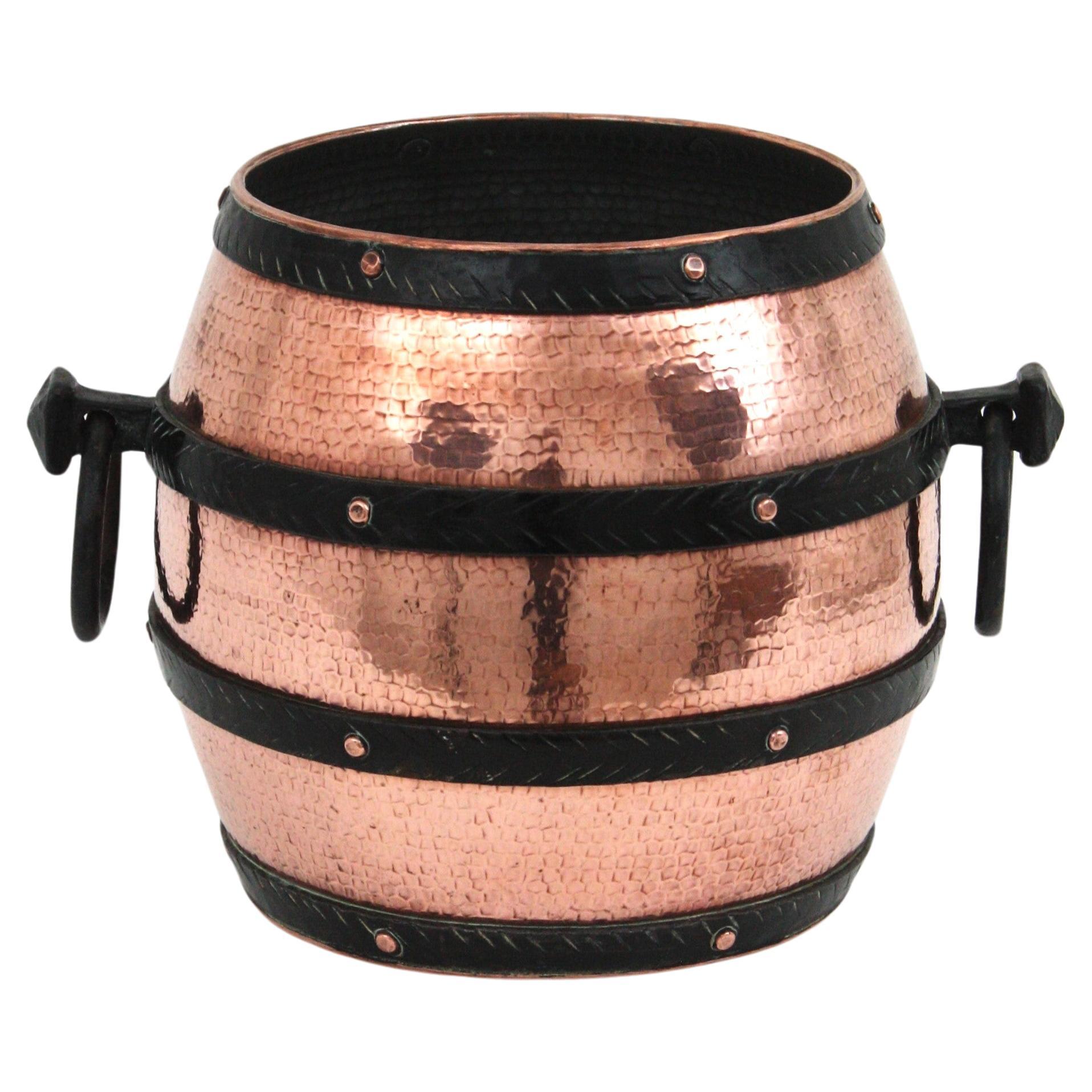 Barrel Ice Bucket Champagne Wine Cooler in Copper and Iron For Sale