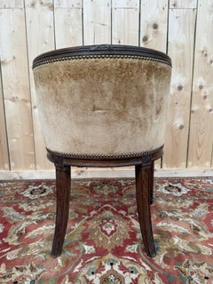 Barrel office armchair – Louis XVI style – Ram heads – Carved wood, velvet, bras