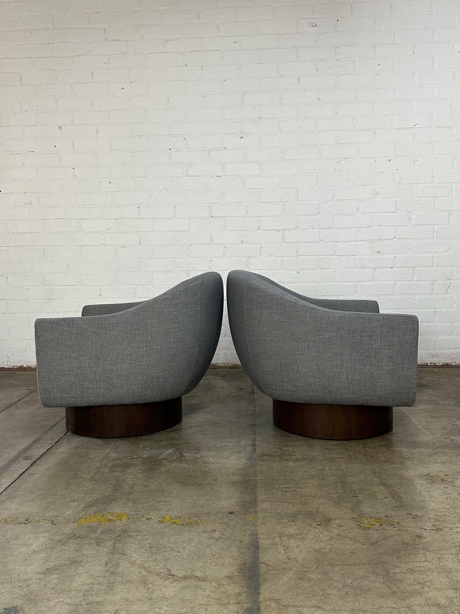 Barrel Plinth Base Lounge Chairs- Pair In Good Condition For Sale In Los Angeles, CA