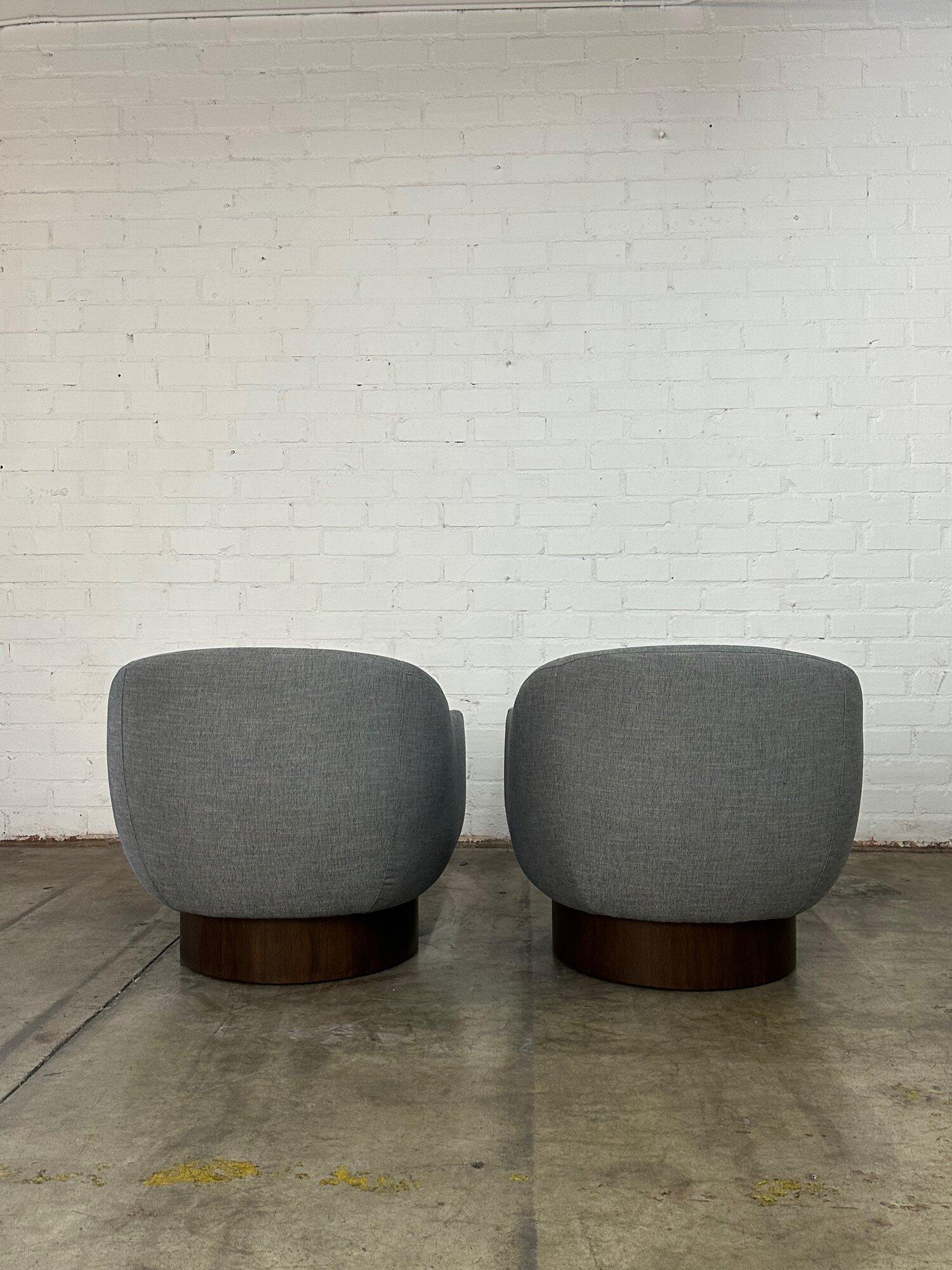 Contemporary Barrel Plinth Base Lounge Chairs- Pair For Sale