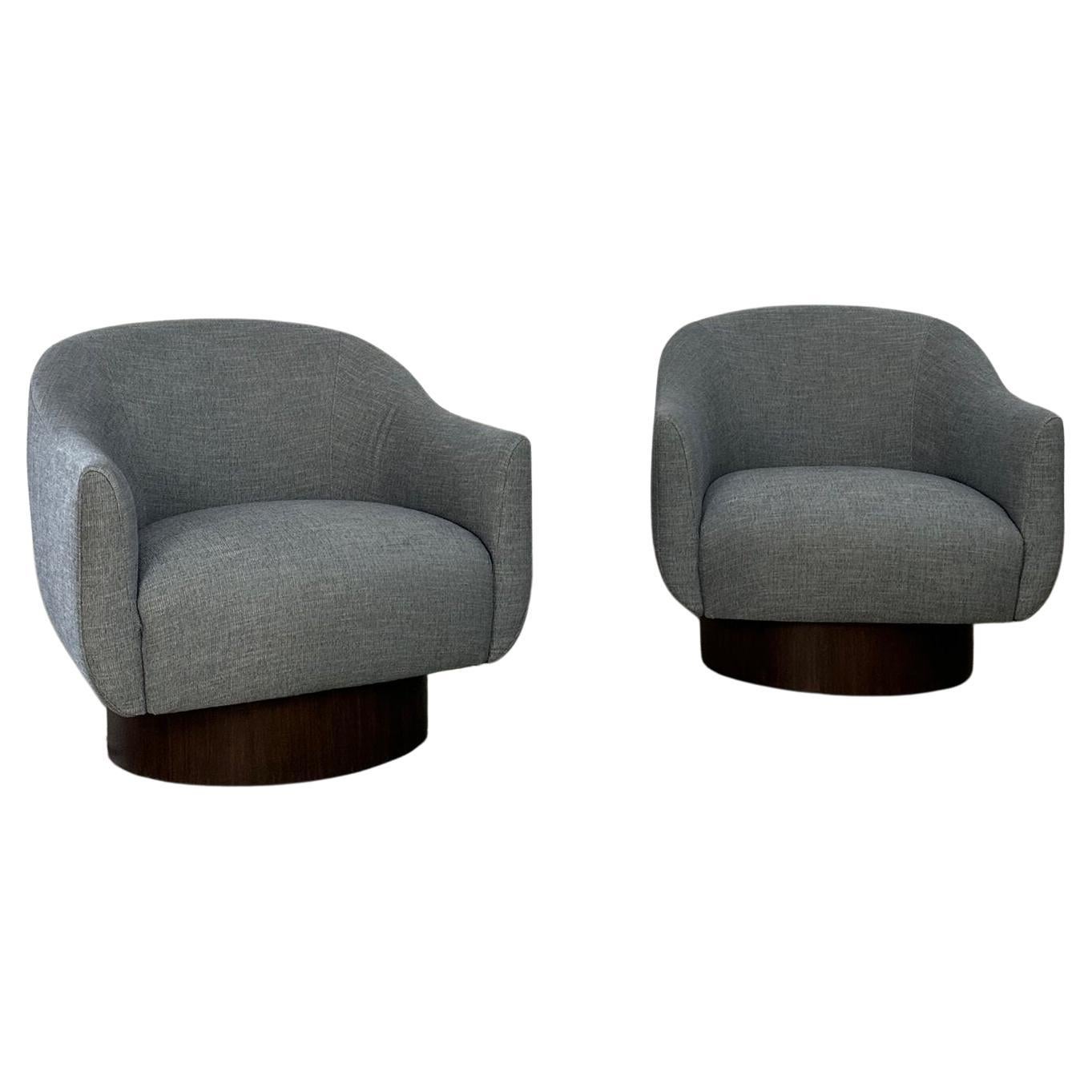 Barrel Plinth Base Lounge Chairs- Pair For Sale