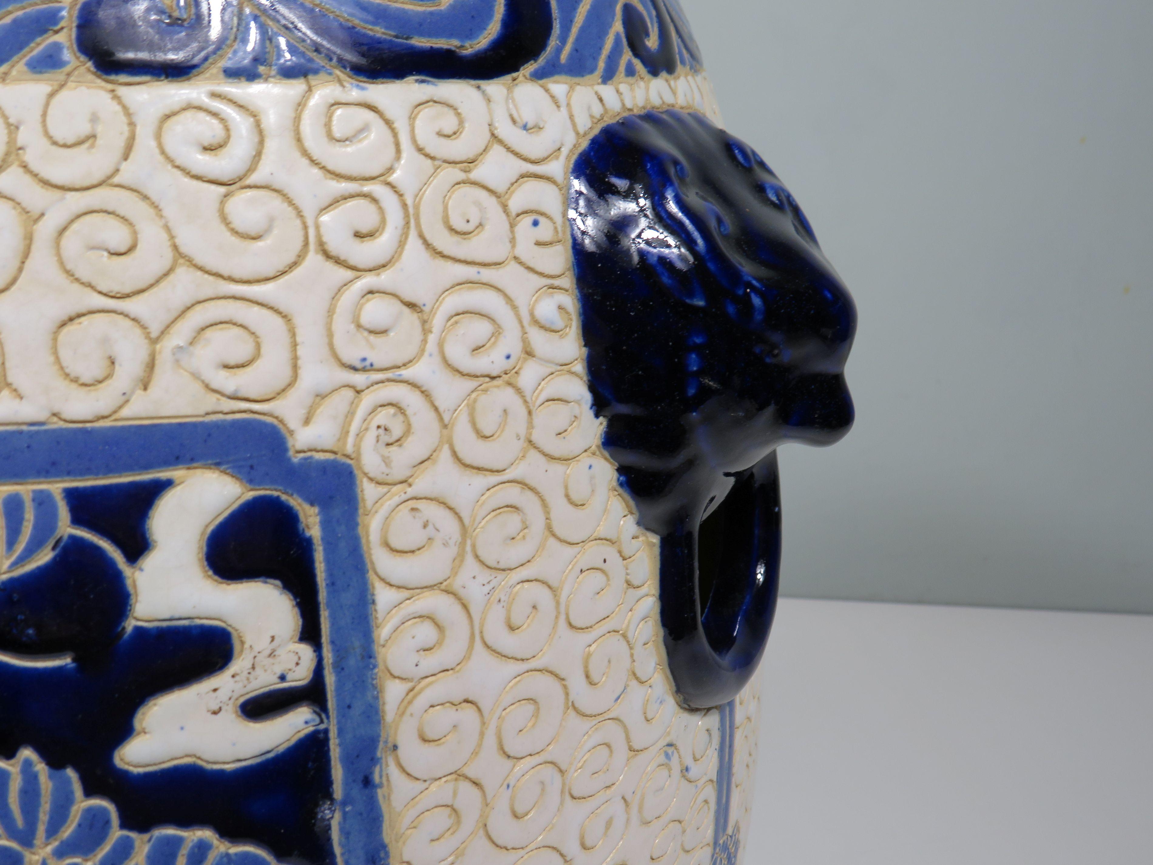 Glazed Barrel-shaped ceramic stool with oriental decoration, Italy 1970-1980 For Sale