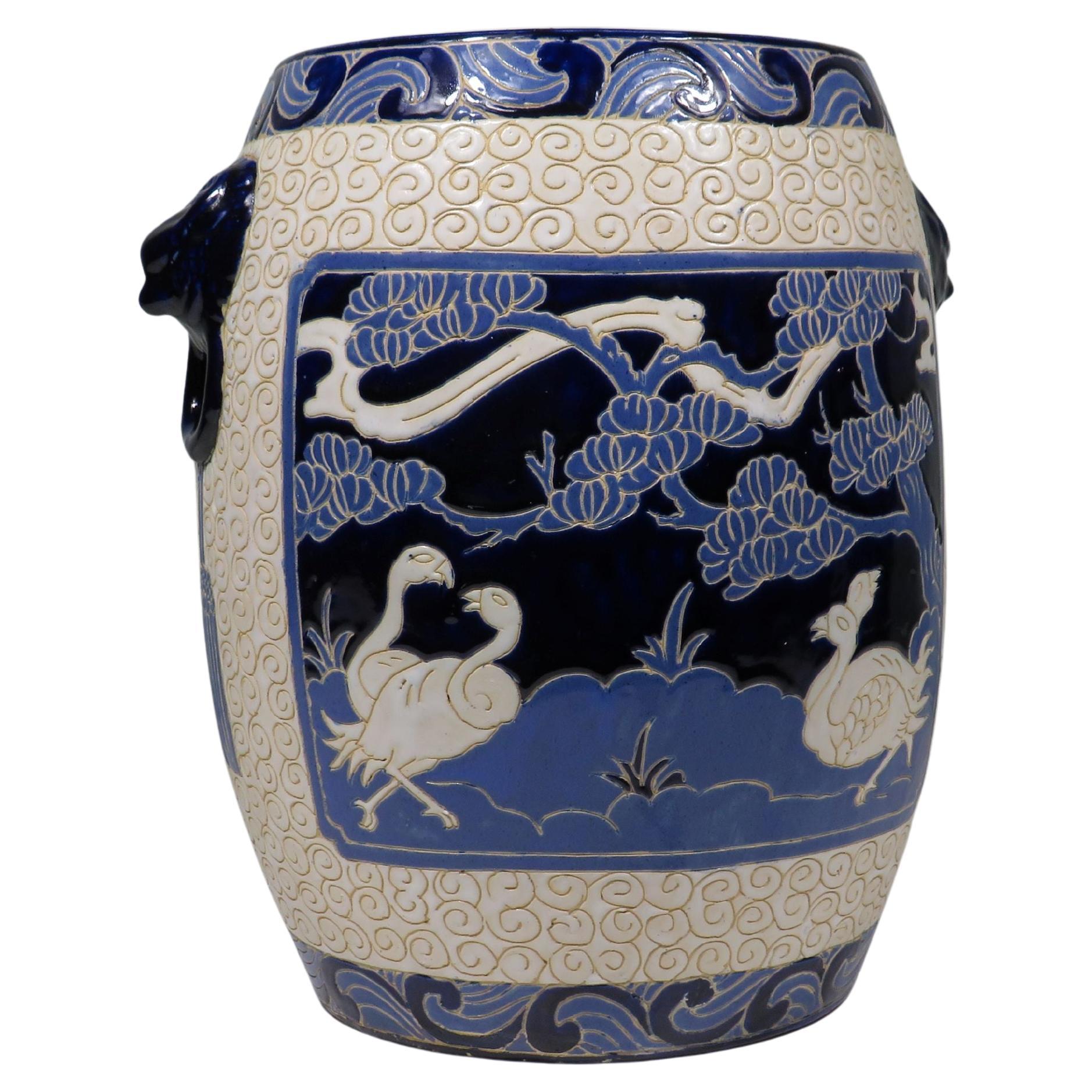 Barrel-shaped ceramic stool with oriental decoration, Italy 1970-1980 For Sale