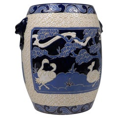 Barrel-shaped ceramic stool with oriental decoration, Italy 1970-1980