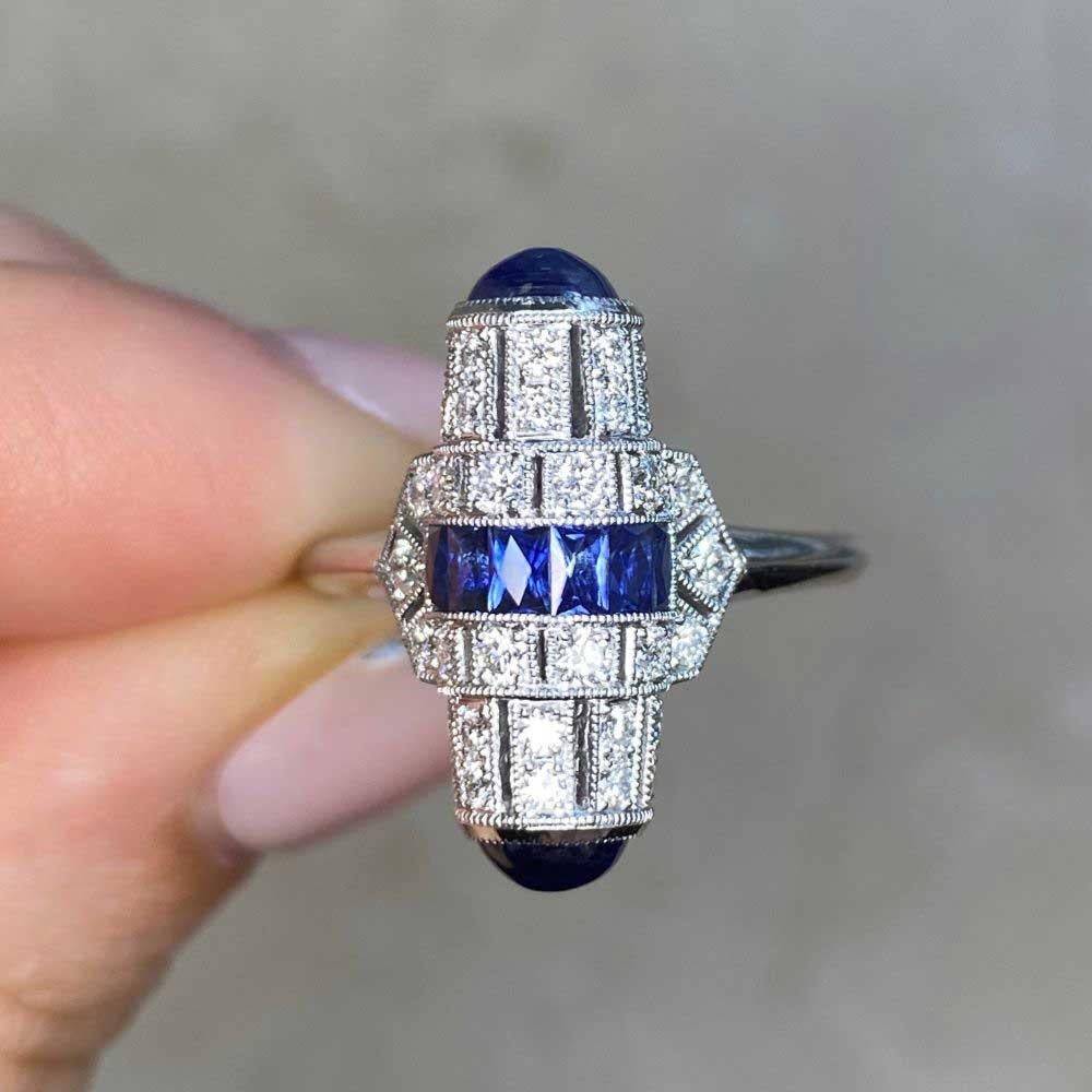 Barrel-Shaped Diamond and Sapphire Cocktail Ring, Platinum For Sale 4