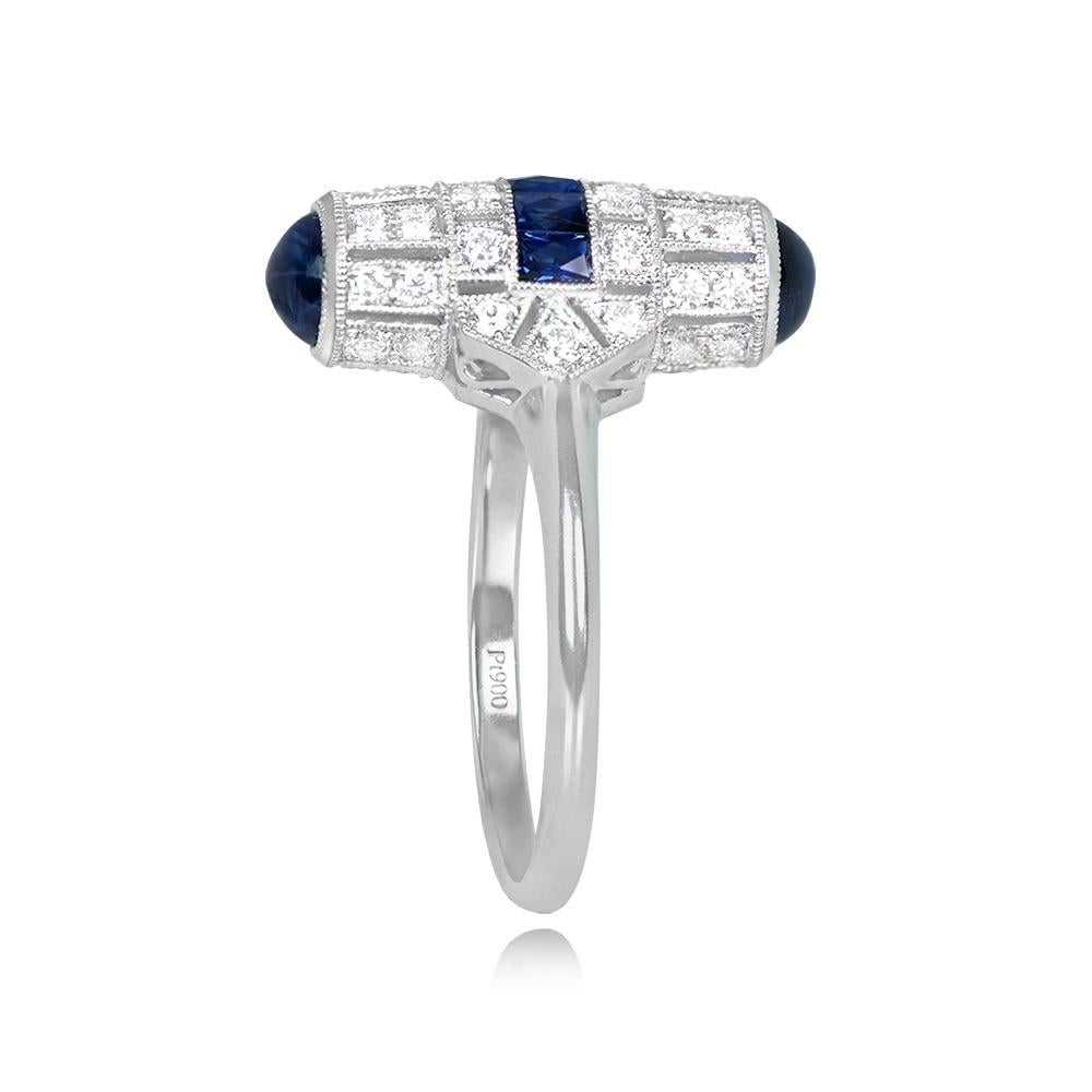 Art Deco Barrel-Shaped Diamond and Sapphire Cocktail Ring, Platinum For Sale