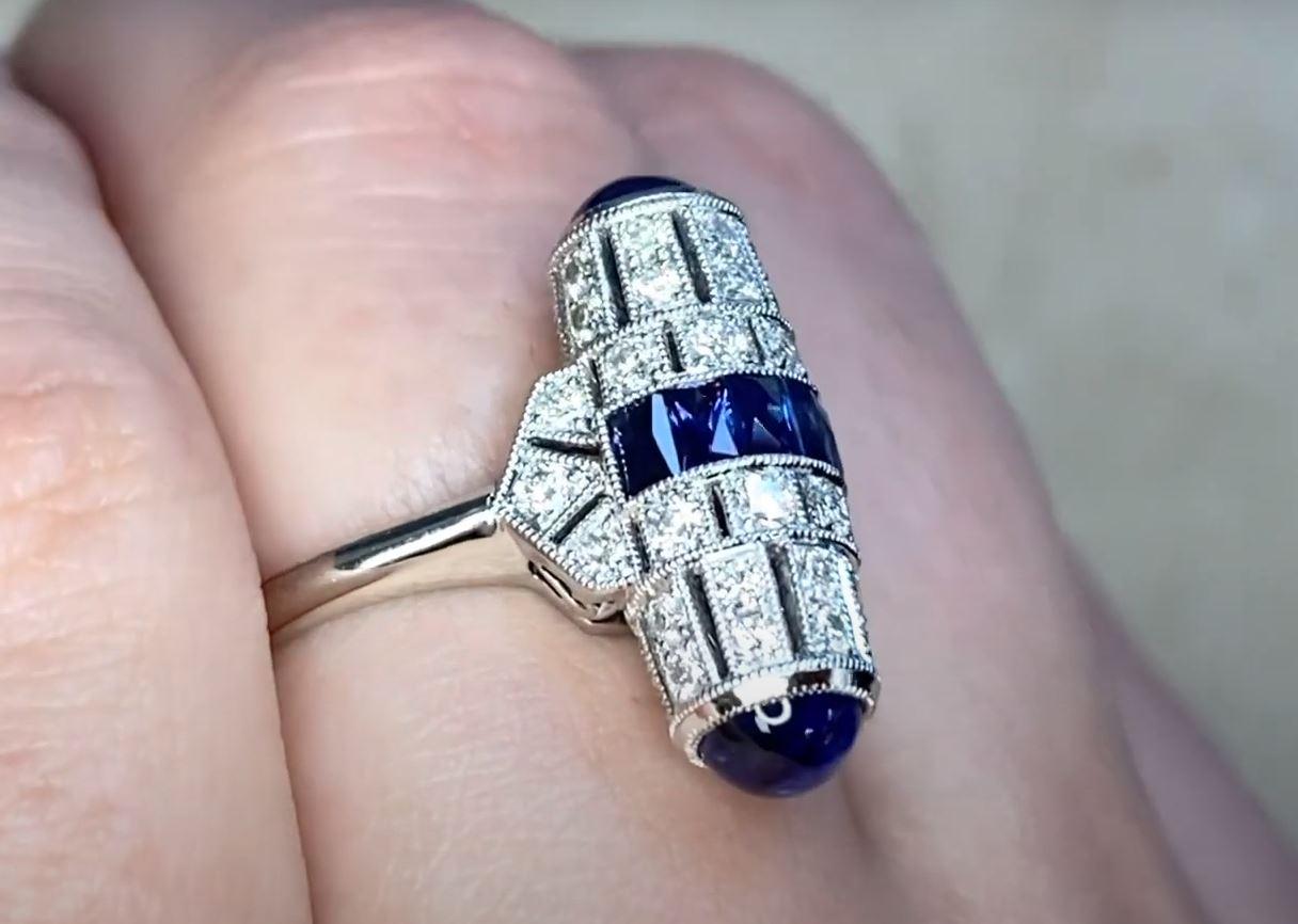 Women's Barrel-Shaped Diamond and Sapphire Cocktail Ring, Platinum For Sale