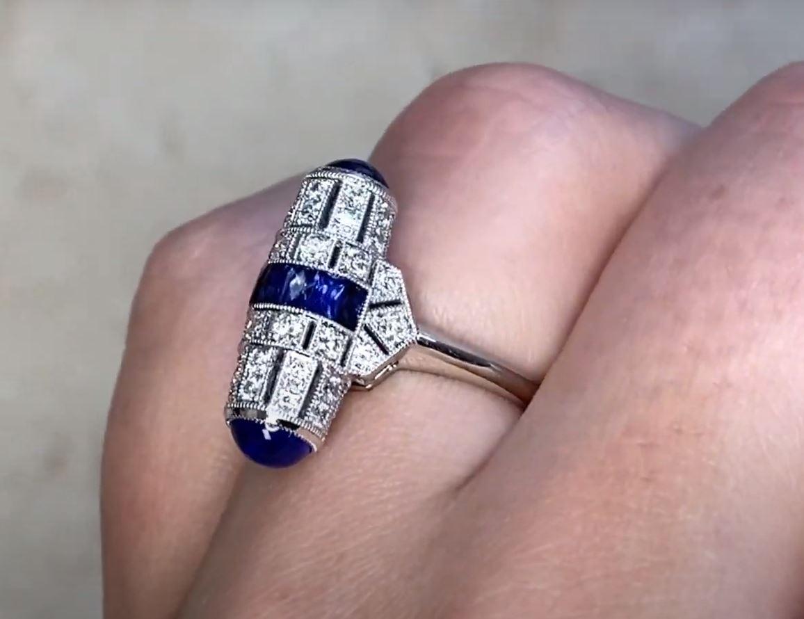 Barrel-Shaped Diamond and Sapphire Cocktail Ring, Platinum For Sale 1