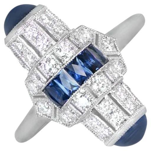 Barrel-Shaped Diamond and Sapphire Cocktail Ring, Platinum For Sale