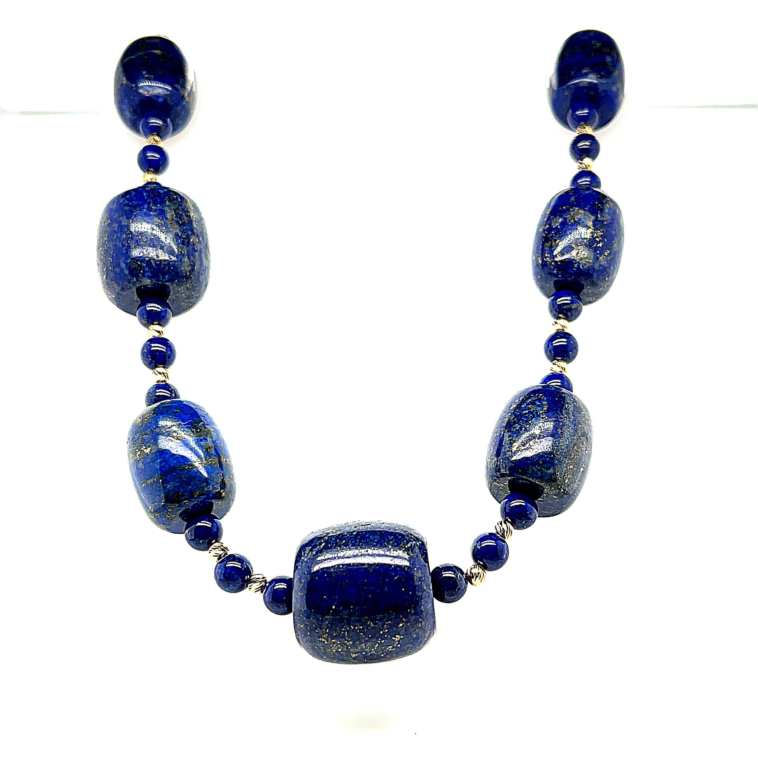 Barrel Shaped Lapis Lazuli Beaded Necklace with Yellow Gold Accents, 24 Inches For Sale 1