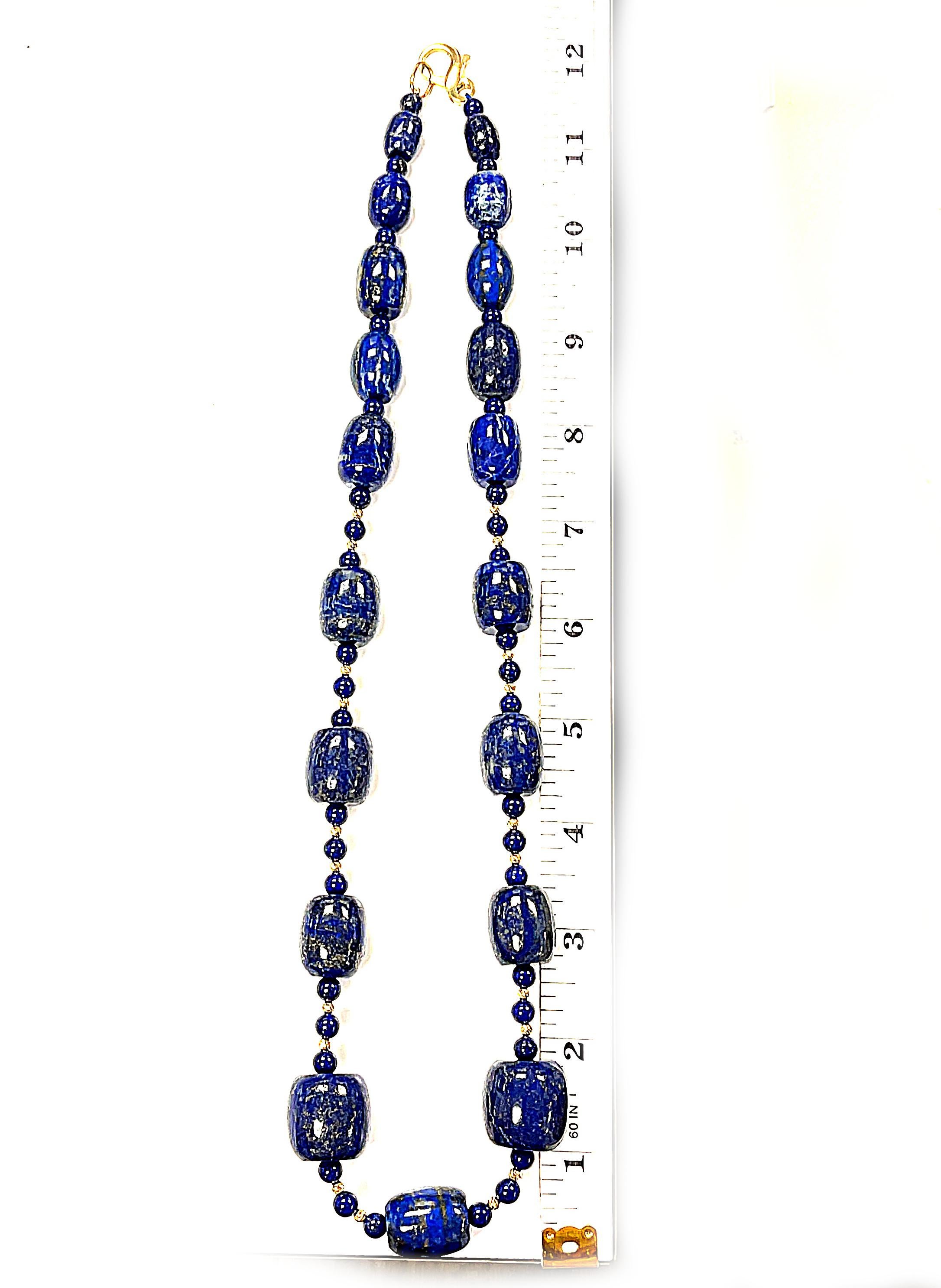 Women's or Men's Barrel Shaped Lapis Lazuli Beaded Necklace with Yellow Gold Accents, 24 Inches For Sale